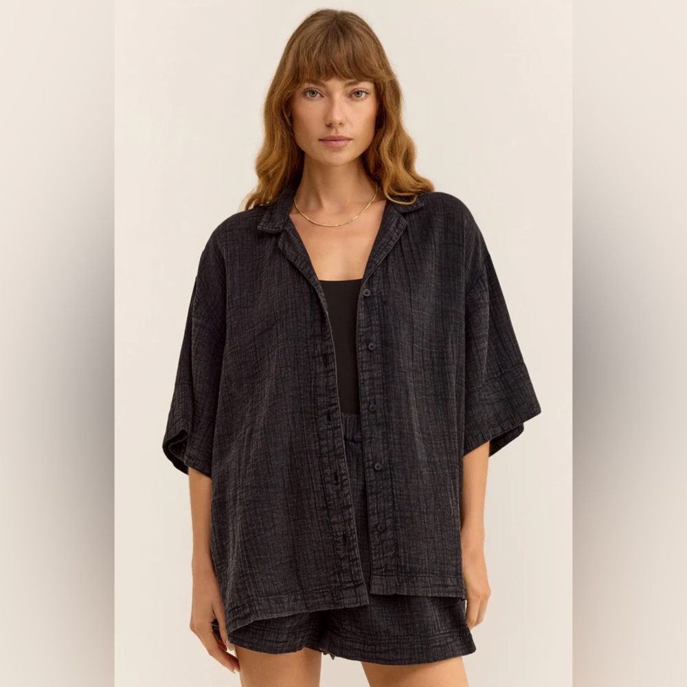 Z Supply Wave Breaker Gauze Shirt Black size Large